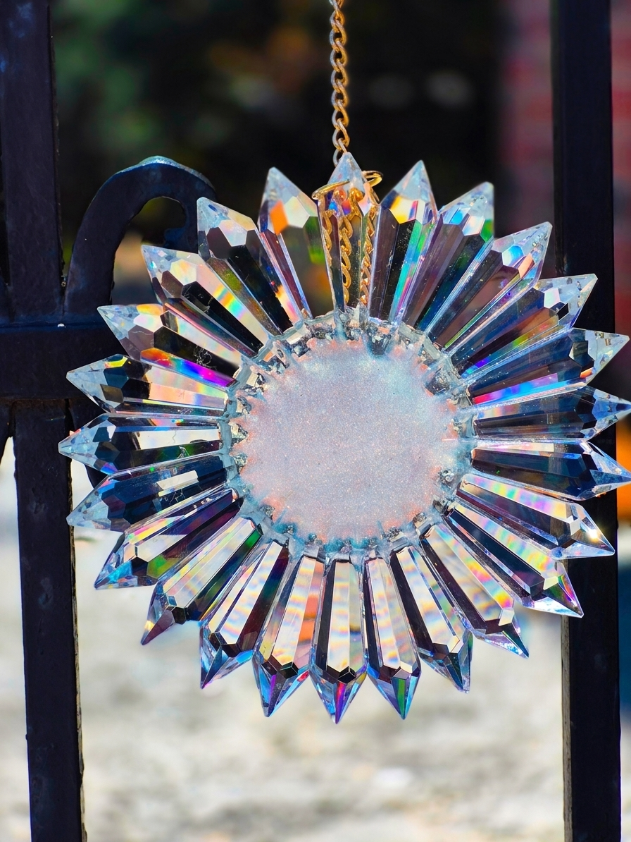 an illuminated prism suncatcher hanging from a gold-colored chain with bokeh background
