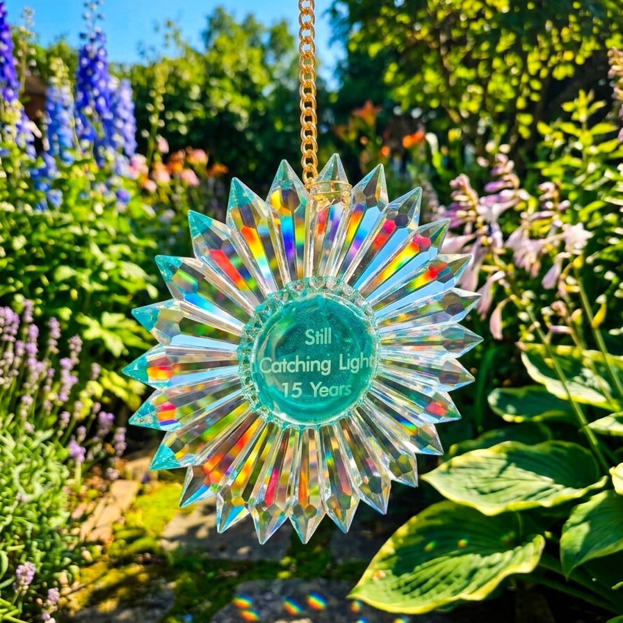 AI generated background behind photo of 6-inch prism suncatcher with green tinting and engraving 