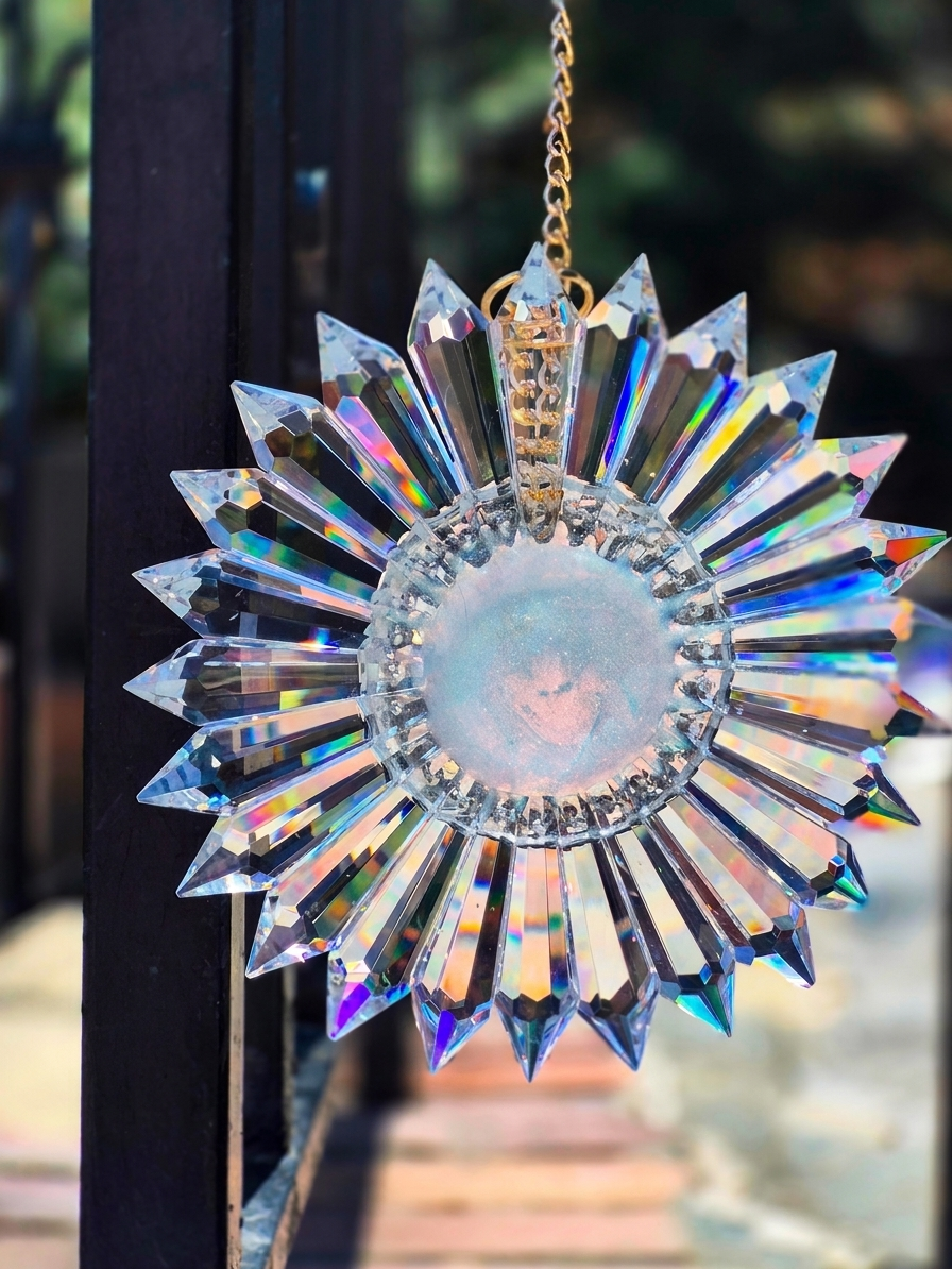 2 of 2 iridescent prism suncatchers hanging from a metal railing