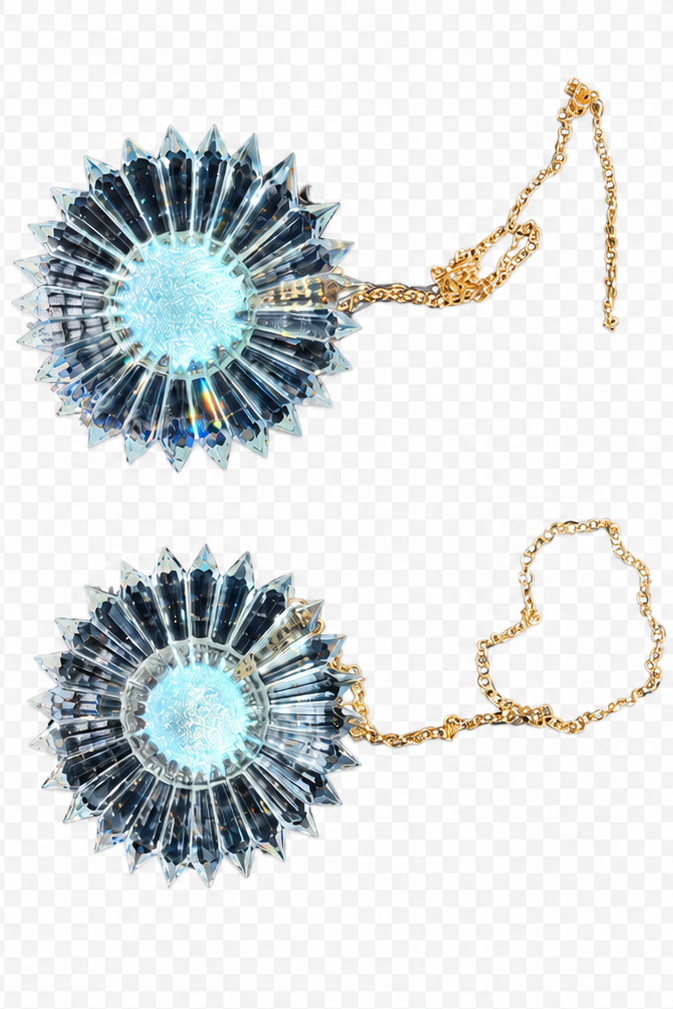 A pair of round pendant prism suncatchers with a faceted light blue center and radiating crystal points, connected by gold-tone chains on a white background.