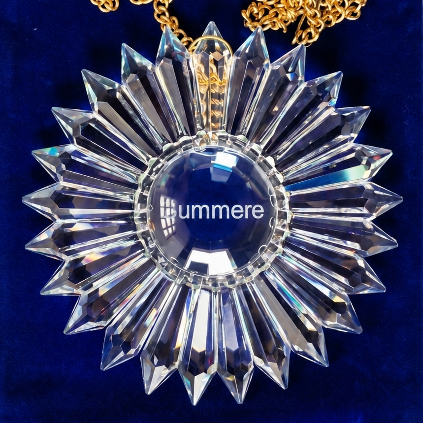 A clear faceted crystal sunburst prism suncatcher with a gold chain, displayed on a deep blue velvet pouch. The center of the suncatcher is engraved.