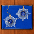 a beautiful display box with blue cloth having two special edition star-shaped prism suncatchers with engravings of names and wedding date