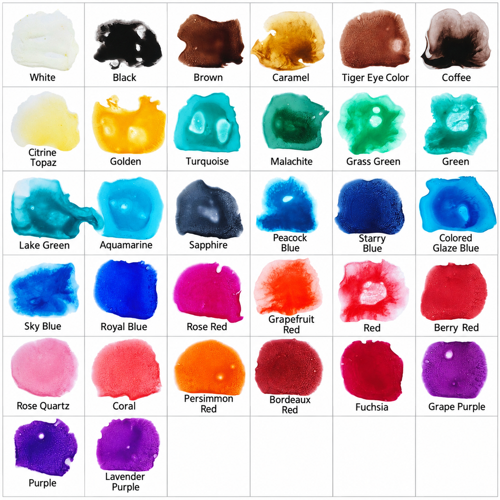 A color chart grid showing many paint or ink swatches labeled with names such as White, Black, Brown, Caramel, Tiger Eye Color, Coffee, Citrine Topaz, Golden, Turquoise, Malachite, Grass Green, Green, Lake Green, Aquamarine, Sapphire, Peacock Blue, Starry Blue, Colored Glaze Blue, Sky Blue, Royal Blue, Rose Red, Grapefruit Red, Red, Berry Red, Rose Quartz, Coral, Persimmon Red, Bordeaux Red, Fuchsia, Purple, Lavender Purple, and Grape Purple.