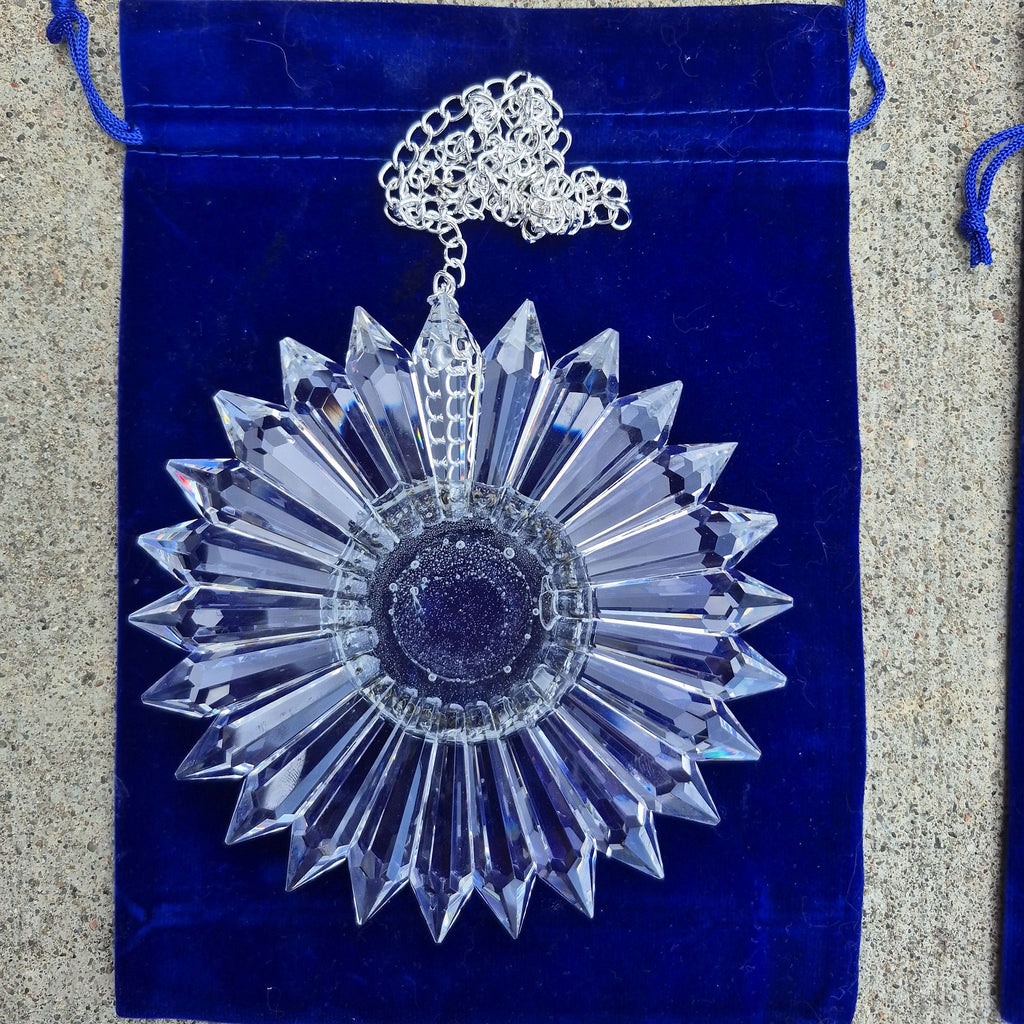 outside display on blue velvet bag with 6" prism suncatcher with silver chain