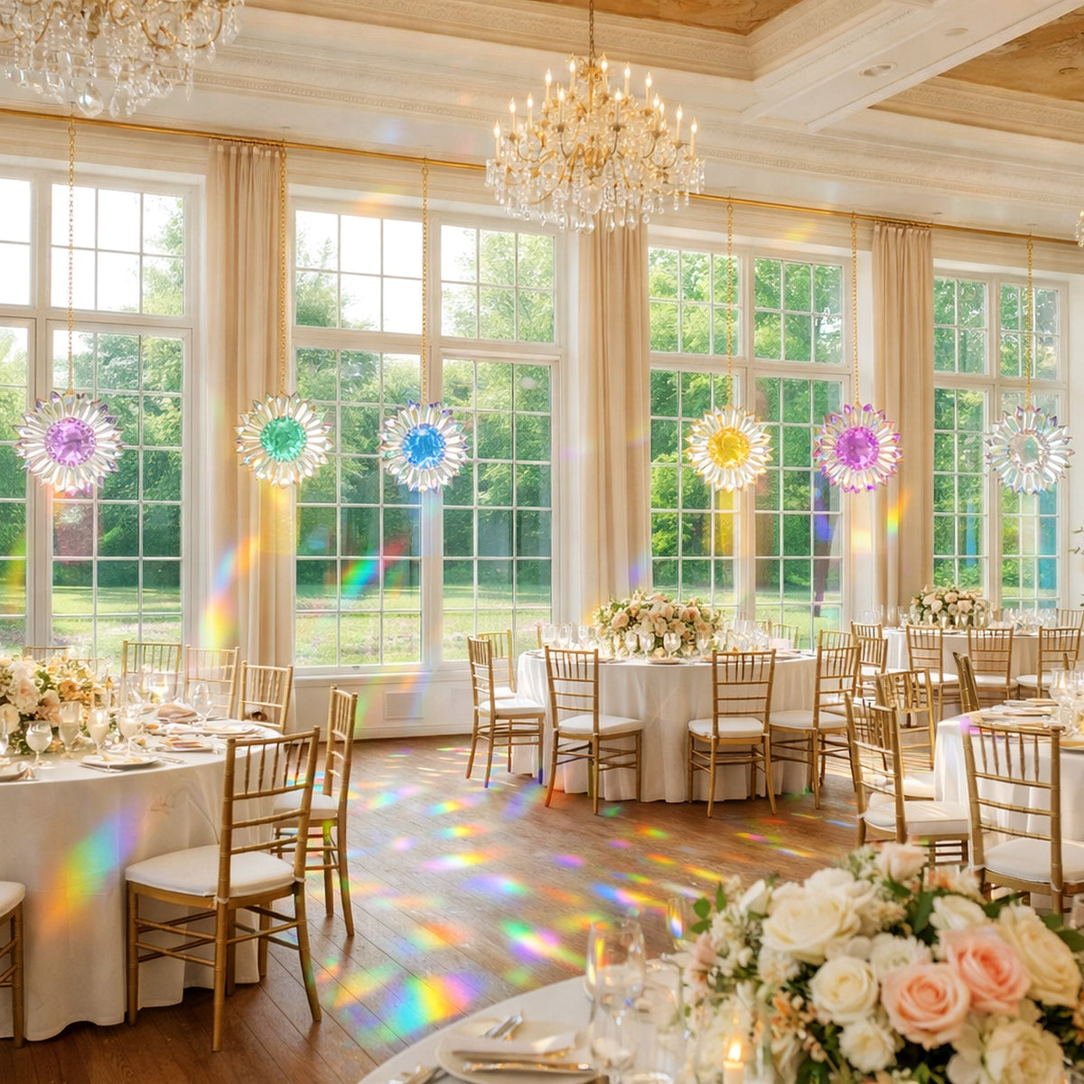 a wedding reception with prism suncatchers having transparent colored centers