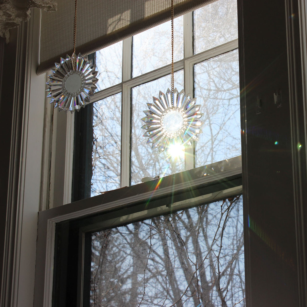 Two round, sunburst-shaped hanging rainbow makers with faceted crystal edges, suspended in front of a window with bright sunlight streaming through and bare tree branches visible outside.
