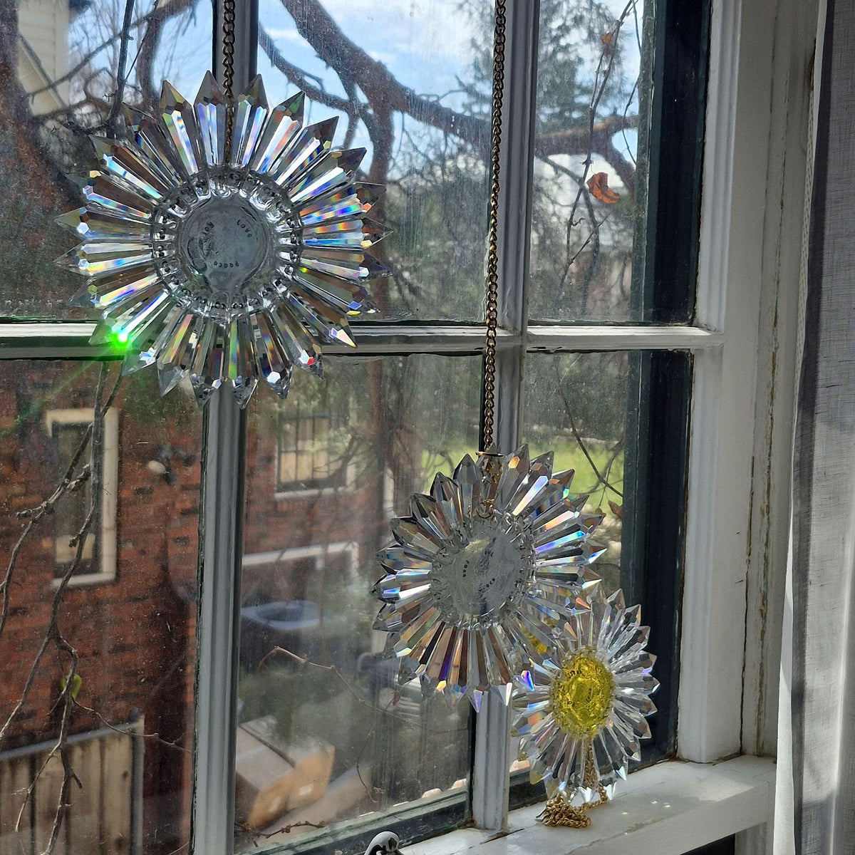 Three clear crystal prism suncatchers with refractive rainbow edges and one yellow sunflower suncatcher, hanging in a sunny window.