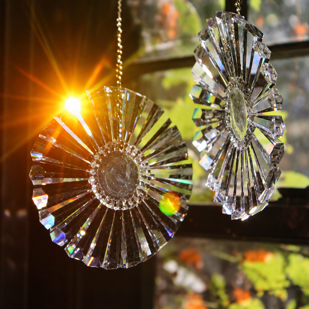 Two clear crystal sun catcher ornaments hanging in front of a window, with bright sunlight streaming through and disbursing rainbow light in the orange spectrum. The window background shows blurred green foliage.