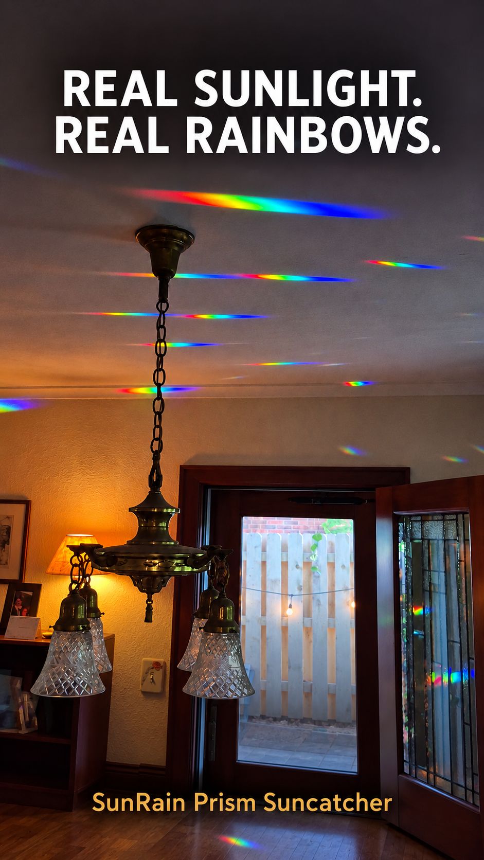 A chandelier hanging in a home interior with rainbow light projections on the ceiling and walls. Large text at the top reads 'REAL RAINBOWS.