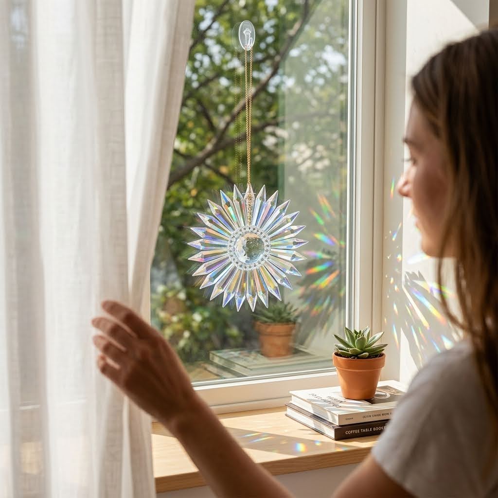 A woman stands by a window holding a sheer curtain, looking at a hanging 7-inch diameter sunburst prism ornament that refracts light onto the windowsill and wall. A small potted succulent and books sit on the windowsill.