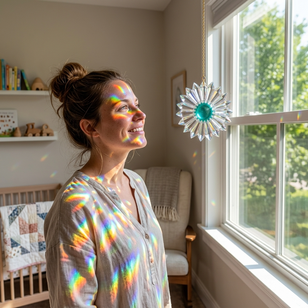 A mother in a sunroom smiles while looking at a hanging crystal suncatcher that refracts rainbow light onto her face and clothing. A crib, chair, and window are visible in the softly lit room.