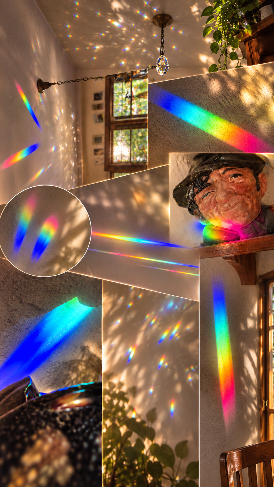 A collage showing a rainbow light projector in use, casting colorful prismatic beams across a room with warm sunlight, window light, plants, and a framed portrait on the wall.