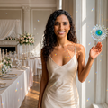 a dark haired young woman in evening dress stands in front of a wedding banquet table demonstrating a prism suncatcher hanging in a sunny window at golden hour