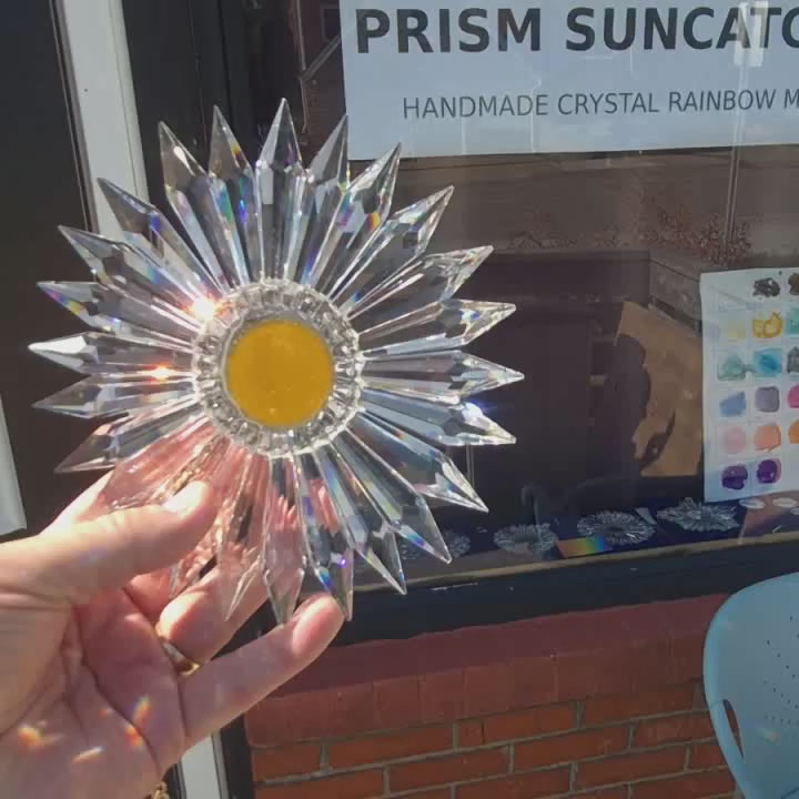 AI edited video to overlay 10 noticeable color options in the center well of prism suncatcher.