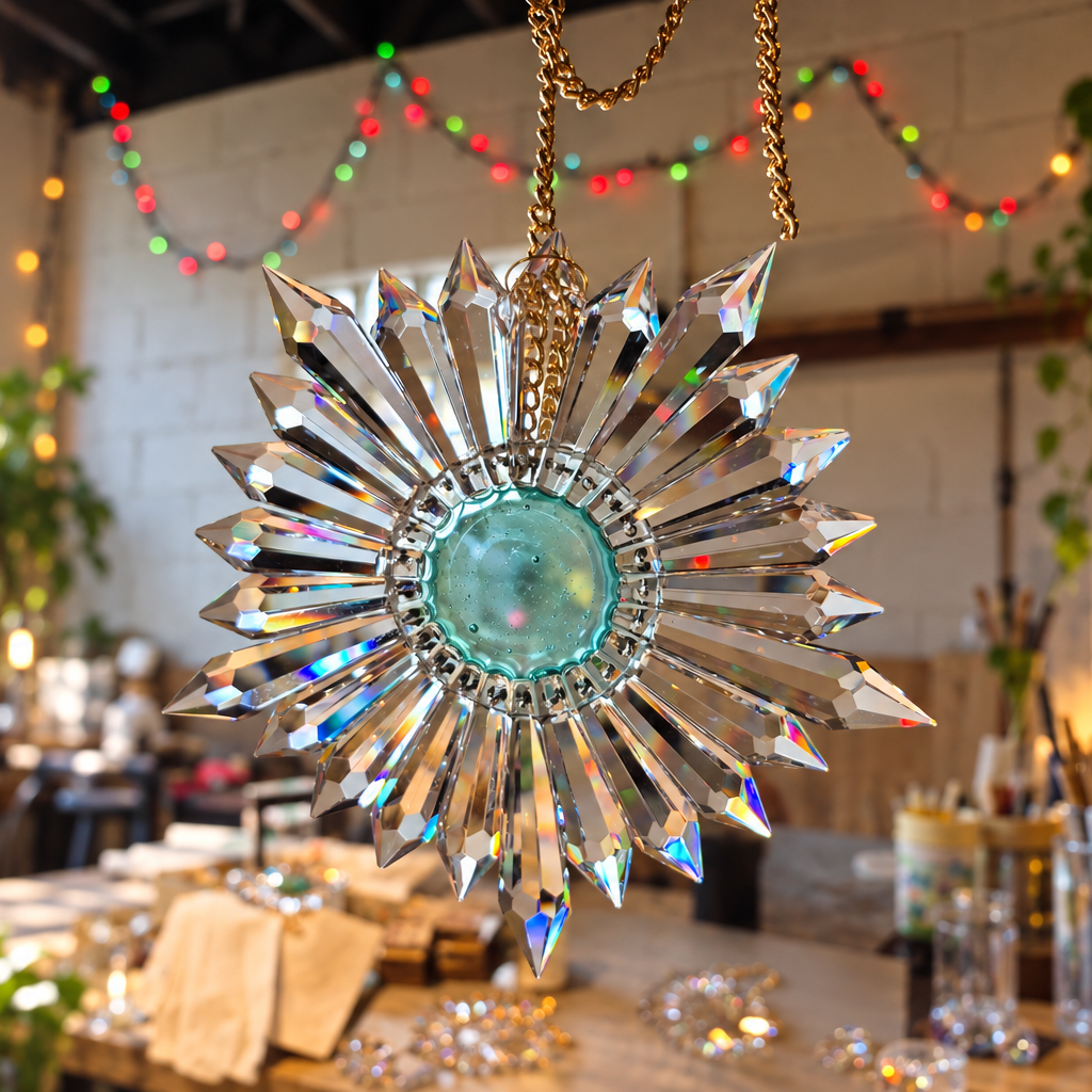 A crystal star-shaped prism suncatcher hanging ornament with a light blue-green center and gold chain, photographed in a decorated indoor setting with blurred string lights and tabletop decor.