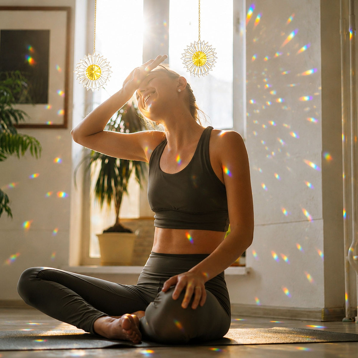 A woman in a dark gray sports bra and matching leggings sits cross-legged on a yoga mat in a sunlit room, mopping her brow with one hand after yoga. Rainbow light spectra drift across the floor and walls, and decorative hanging flower prism suncatchers are visible near the window.